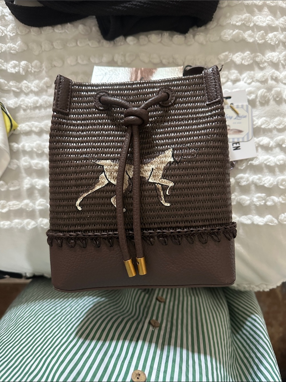 Brown Woven Drawstring Bucket Bag with hand painted dog